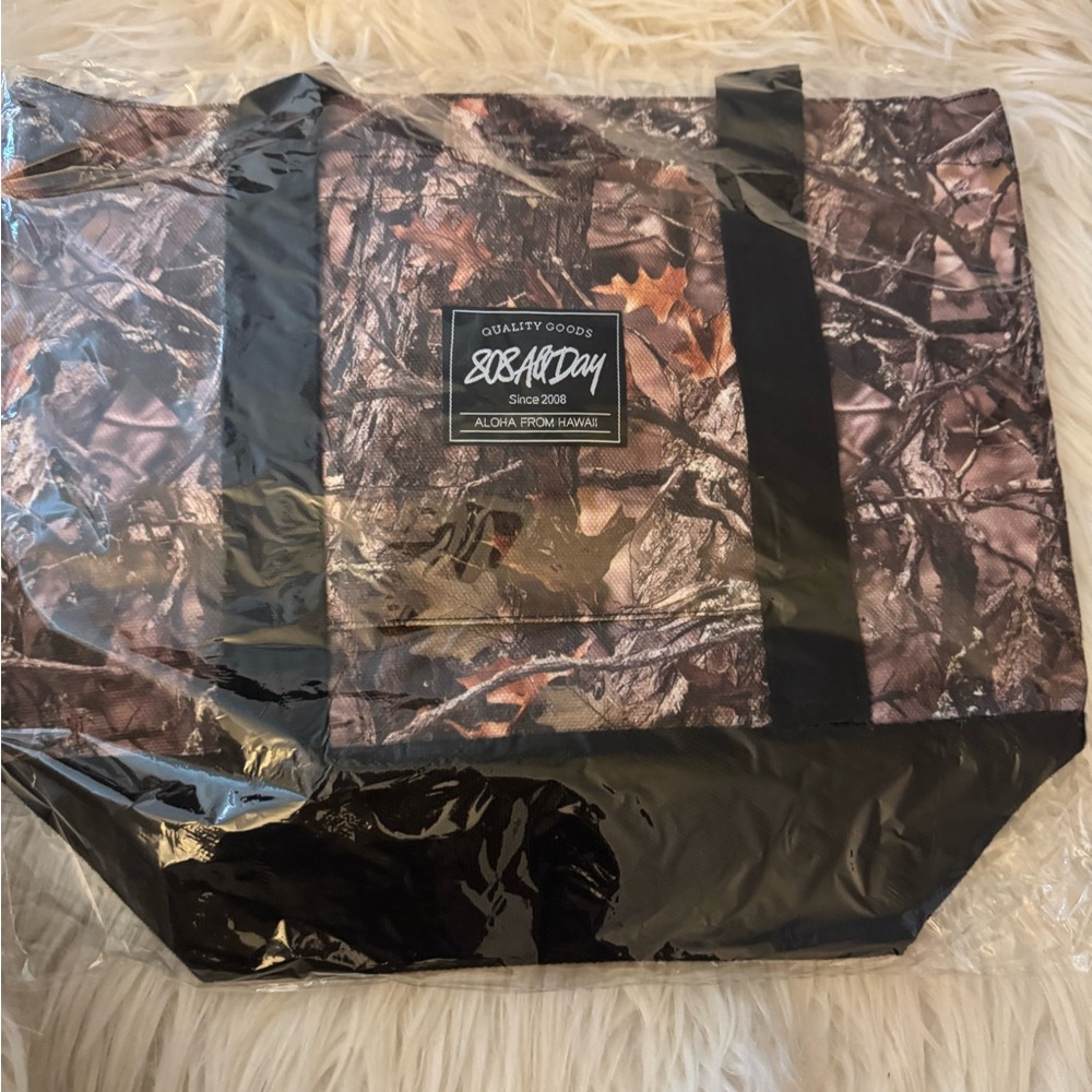 Woodland Camo Canvas Tote with Black Trim and White Script 808 All Day - Picture 2 of 5